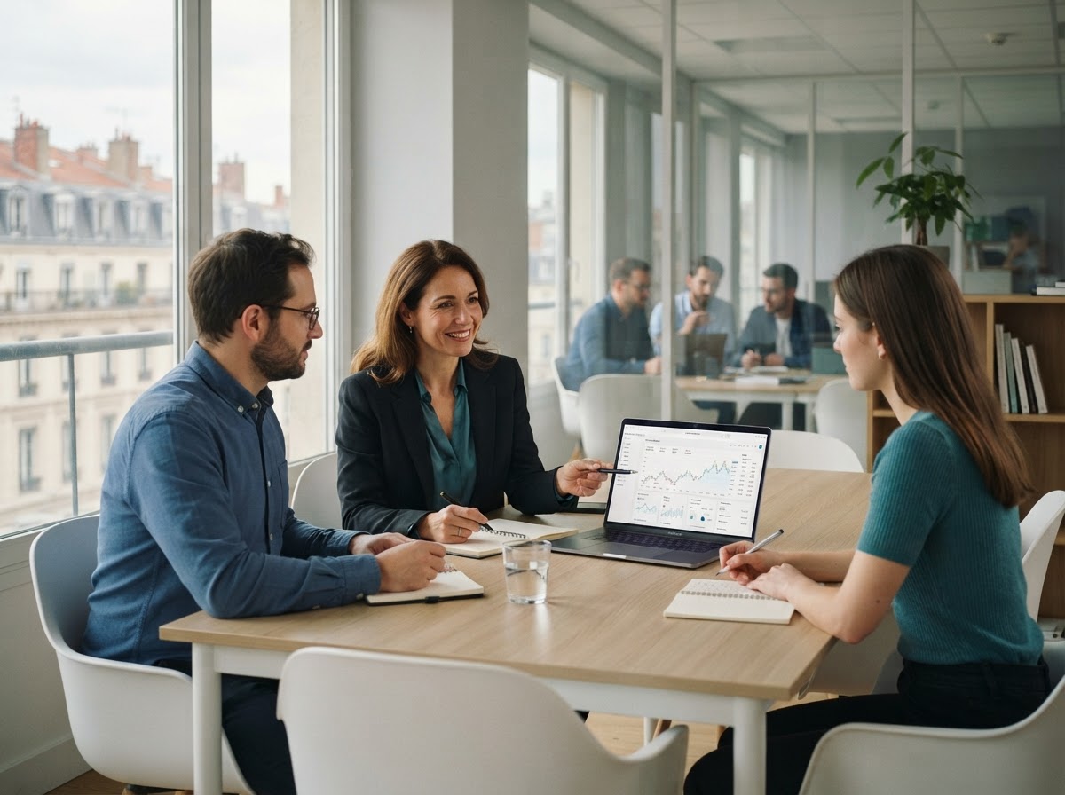 Cristal Fondelle — équipe analysant des données financières sur un poste de travail