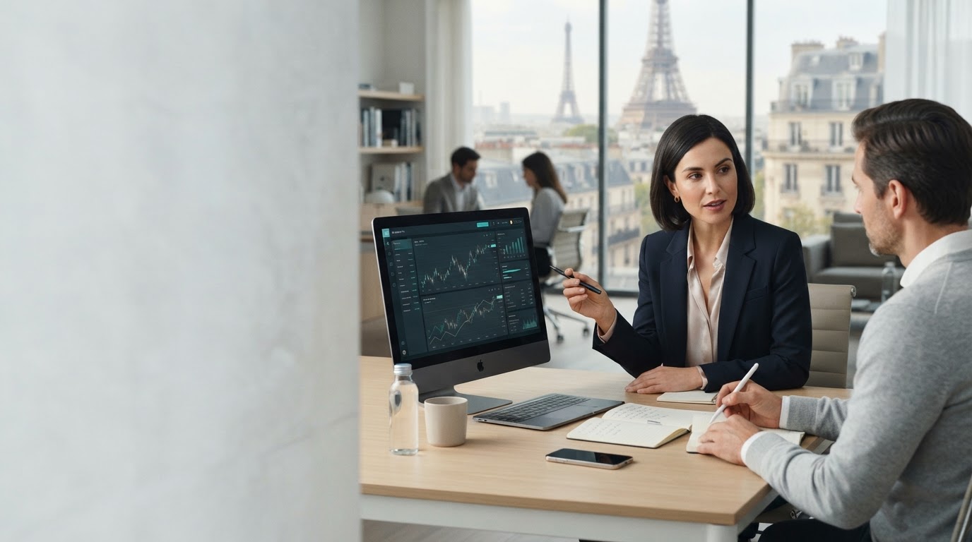 Cristal Fondelle — tableau de bord minimaliste présentant une courbe de croissance patrimoniale stable
